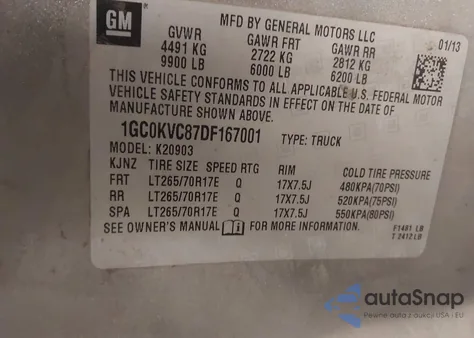 2013 Chevrolet Silverado 2500Hd Work Truck z USA, uszkodzony, nr VIN 1GC0KVC87DF167001